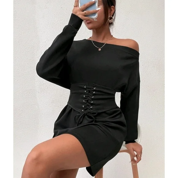 Asymmetrical Neck Sweatshirt Dress & Lace Up Corset - Picture 2 of 6